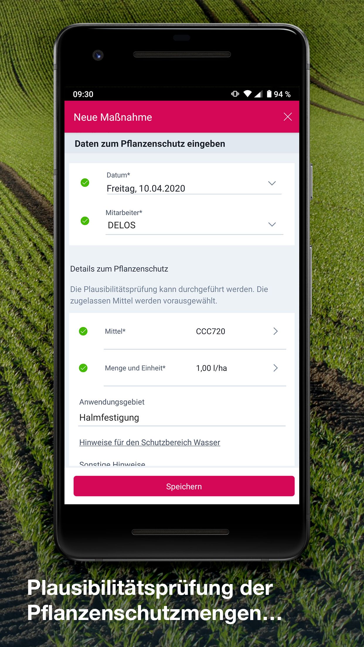 Screenshot der App DELOS Landwirt auf einem Handy
