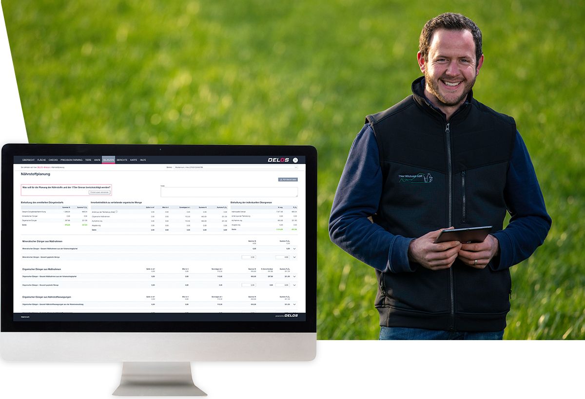 Landwirt mit Tablet und Software auf Feld