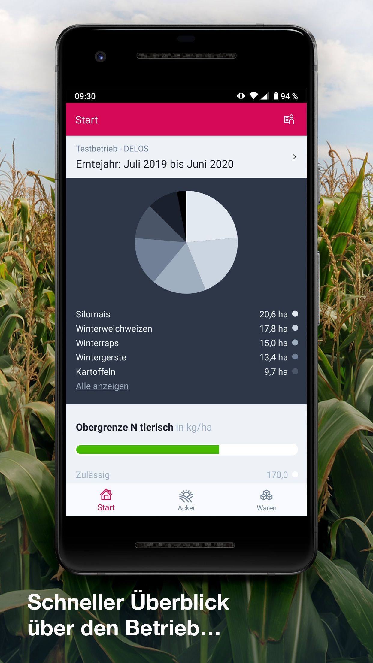 Screenshot der App DELOS Landwirt auf einem Handy